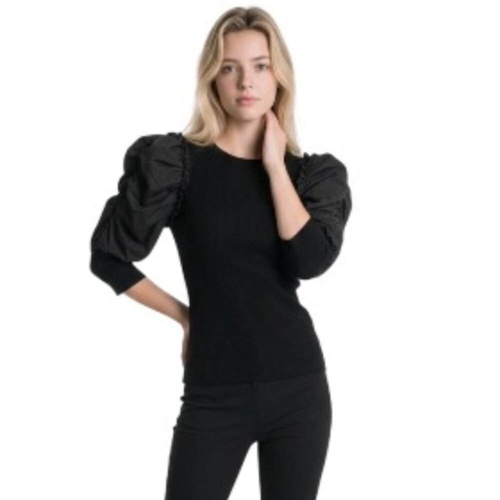 Nanette Nanette Leopore Small Black Ruched Satin Sleeve Sweater